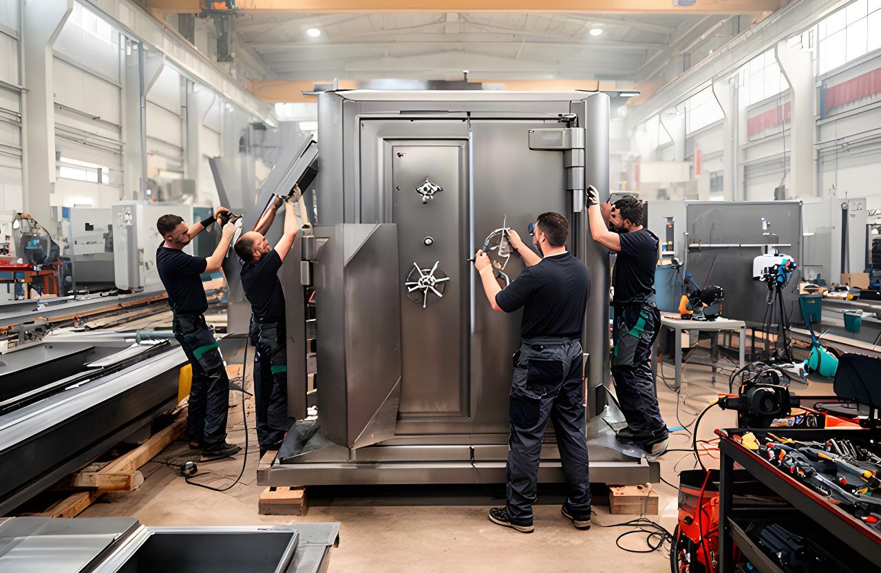 Technicians assembling a high-security bank safe on a manufacturing floor with steel panels and tools
