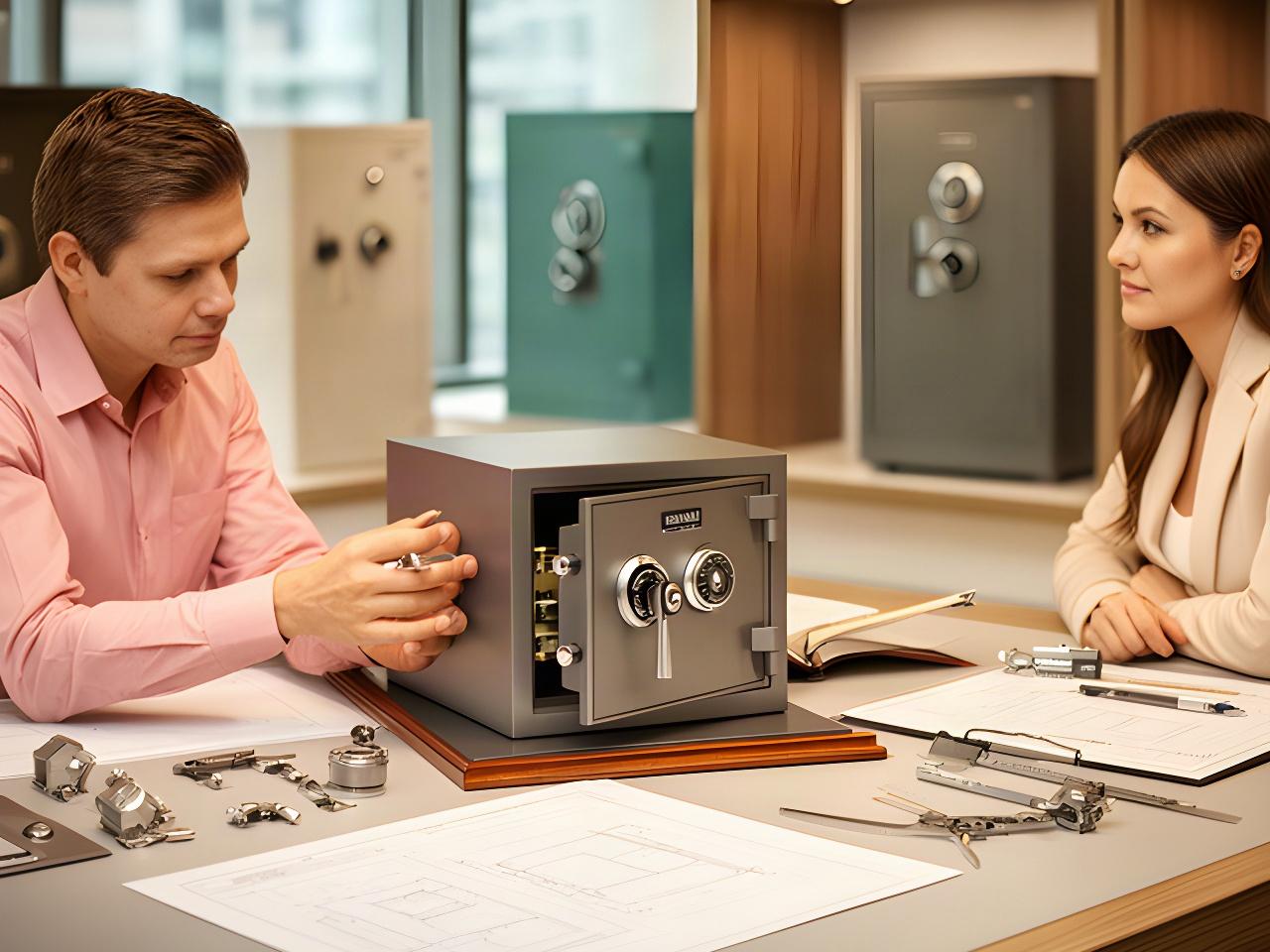 Security consultant reviewing a bank safe model at a desk in a Singapore showroom