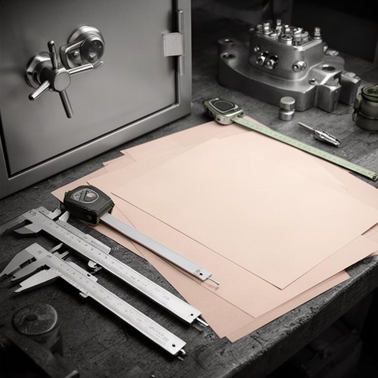 Signed manufacturing order and measuring tools placed beside a bank safe component on a workbench