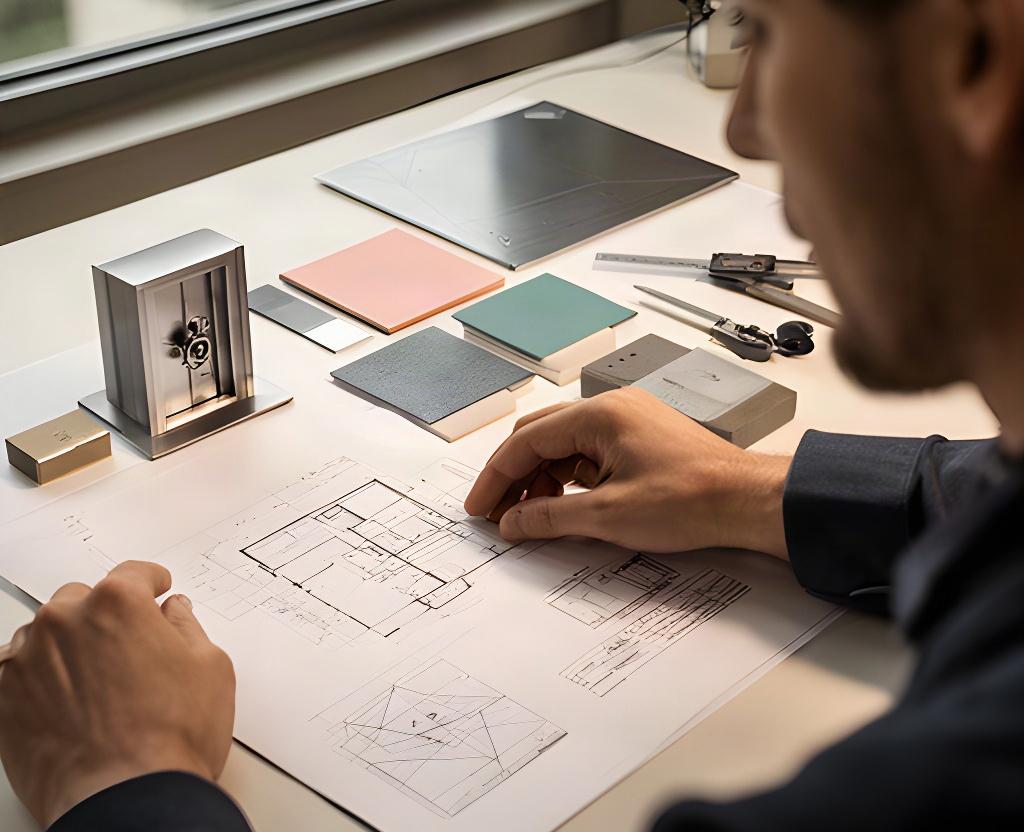 Security consultant examining a custom vault specification with plans and material samples on a desk