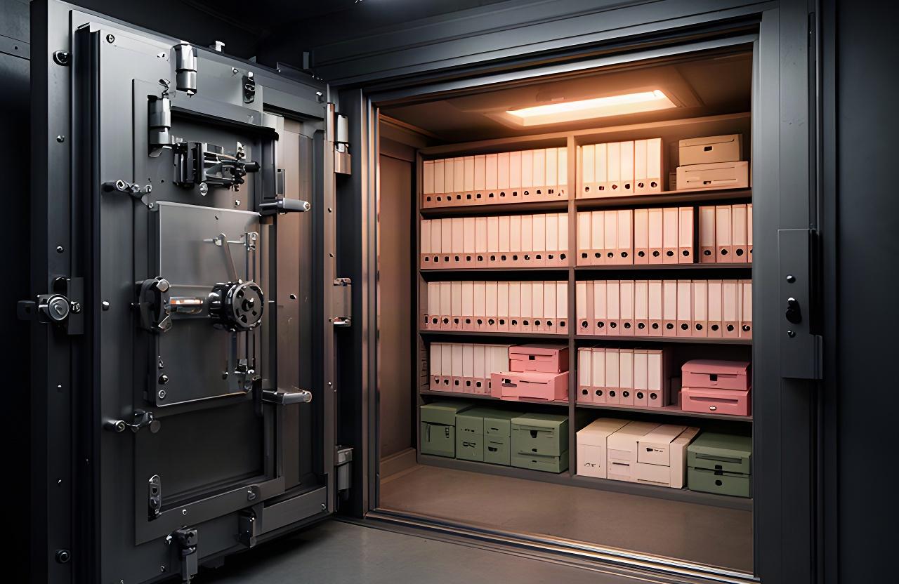Locked bank vault archive with organised paper records and secure access controls
