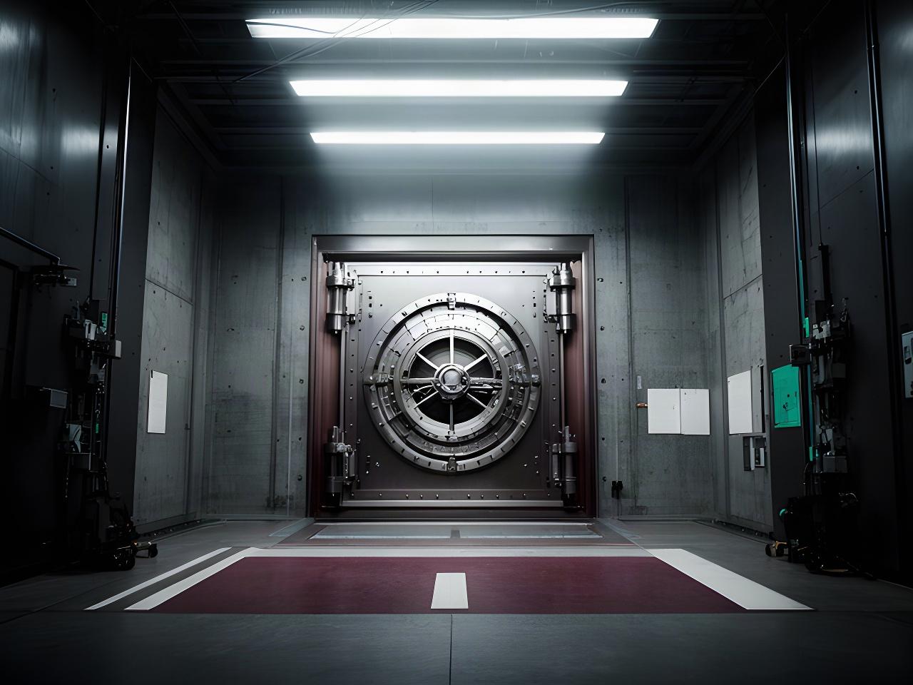 Factory testing chamber with a reinforced vault door prepared for certification testing