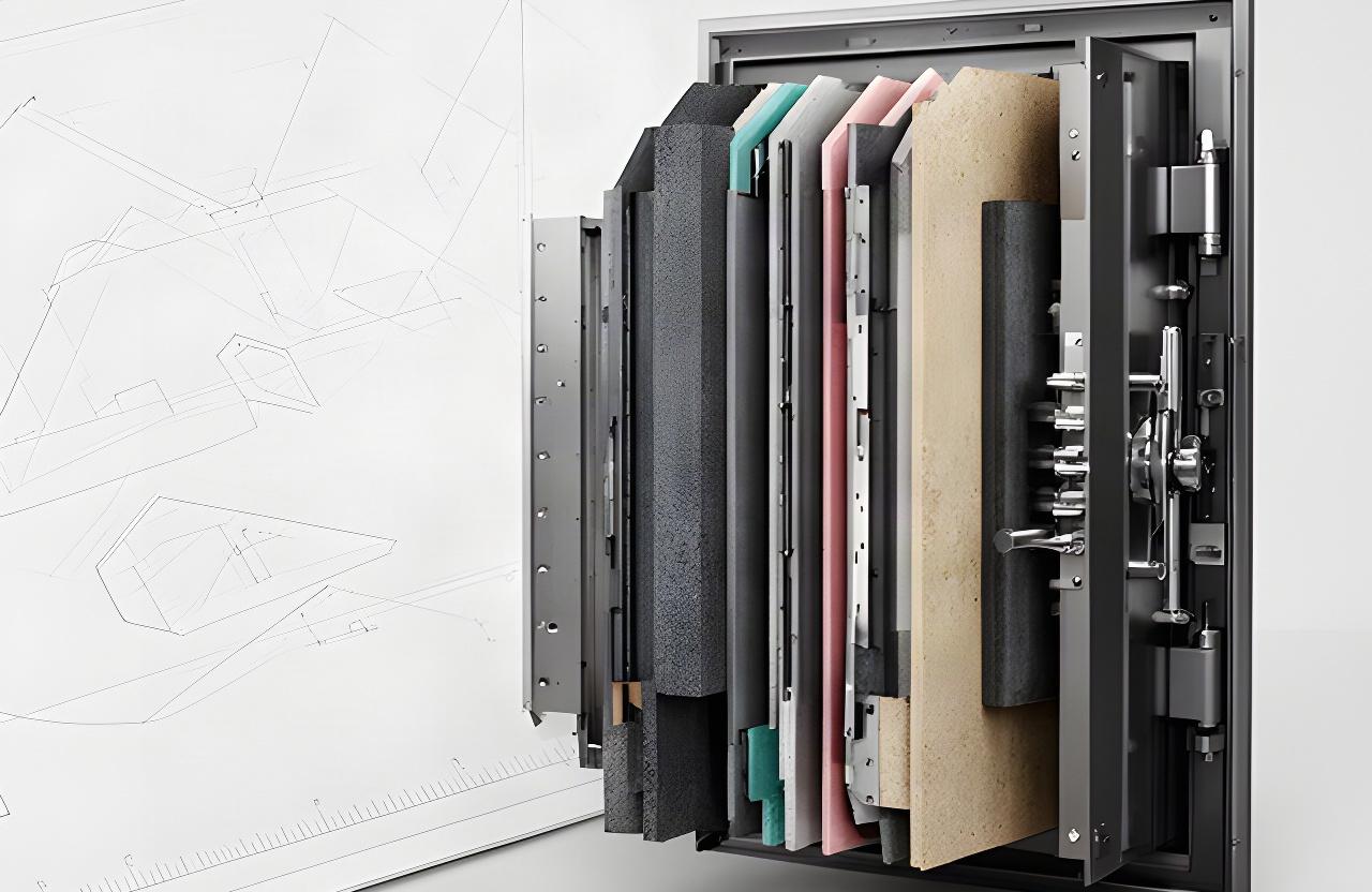 Cutaway bank vault door showing layered steel and composite construction beside engineering drawings